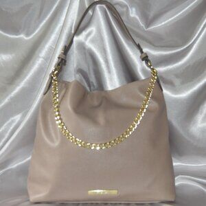 Vintage Anne Klein Beige Pebbled Purse / Handbag with Gold Swag Chain